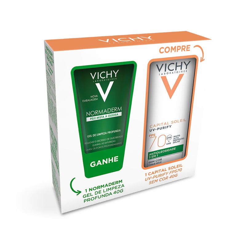 Kit-Protetor-Solar-Facial-Vichy-Capital-Soleil-UV-Purify-FPS70-sem-Cor-40-g---Gel-de-Limpeza-Normaderm-40-g