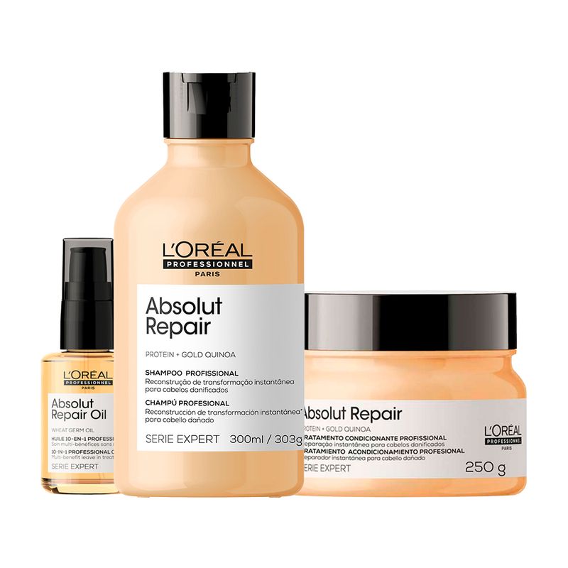 Kit-L-oreal-Professionnel-Serie-Expert-Absolut-Repair-Gold-Quinoa---Shampoo-300-ml---Mascara-De-Reparacao-250-G---Oleo-Capilar-30-ml