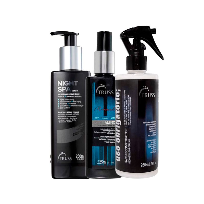 Kit-Truss---Serum-Night-Spa-250-ml---Leave-In-Miracle-Amino-225-ml---Uso-Obrigatorio-Reconstrutor-260-ml