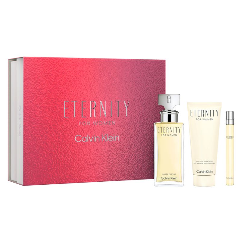 Kit-Calvin-Klein-Perfume-Eternity-For-Women-Eau-de-Parfum-Feminino-100-ml---Locao-Corporal-100-ml---Miniatura-10-ml