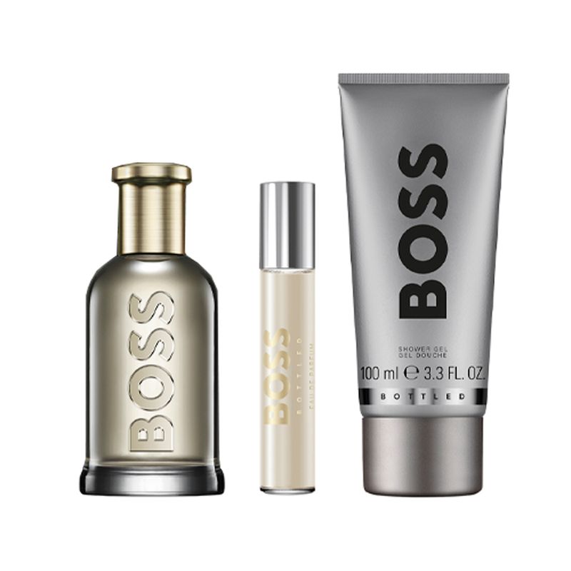 Kit-Hugo-Boss-Coffret-Perfume-Boss-Bottled-Eau-de-Toilette-Masculino-100-ml---Miniatura-10Ml----Gel-de-Banho-100-ml-Caixa-Preta