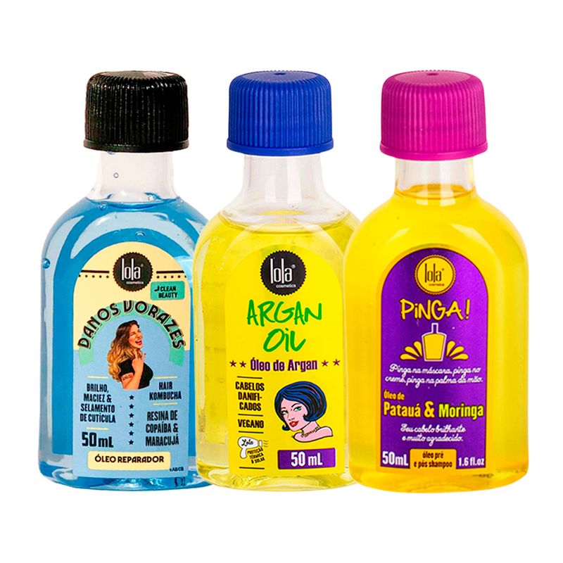Kit-Lola-From-Rio---Oleo-Danos-Vorazes-50-ml---Leave-In-Argan-Oil--50-ml---Oleo-Pinga--Pataua---Moringa-50-ml