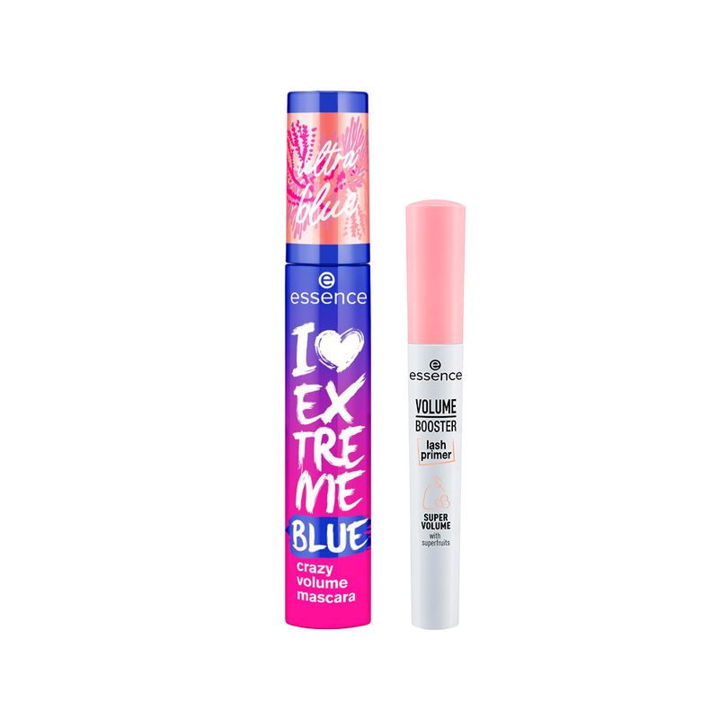 Kit-Essence-Primer-para-Cilios-Alongadora-Volume-Branco-7-ml---Mascara-de-Cilios-I-Love-Extreme-Crazy-Volume-Azul-12-ml