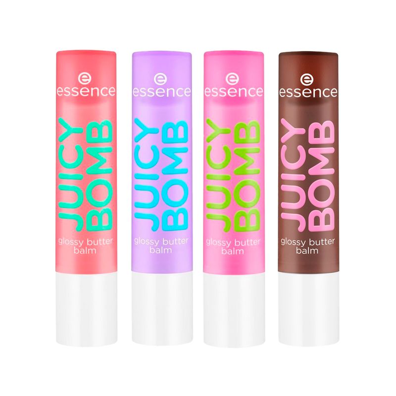 Kit-Essence-Balm-Labial-Juicy-Bomb-Glossy-Butter-05-Choco-Lot---03-Time-To-Pitaya---02-So-Berry-Cute---01-One-In-A-Melon