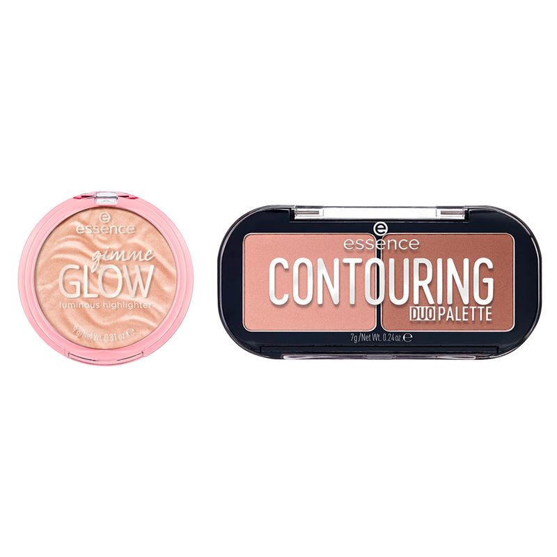 Kit-Essence-Paleta-de-Contorno-Matte-Contouring-Duo-7-g---Iluminador-Compacto-em-Po-Gimme-Glow-10-Nude-9-g