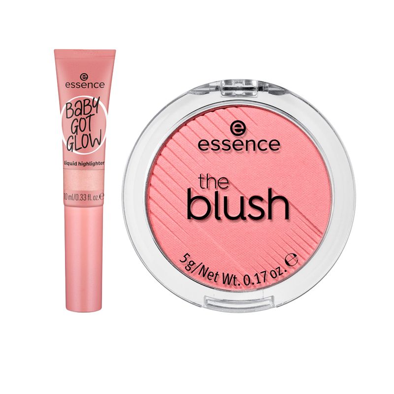 Kit-Essence-Iluminador-Liquido-Baby-Got-Glow-20-Rose-and-Shine-10-ml---Blush-Compacto-em-Po-The-Blush-10-Rosa-5-g