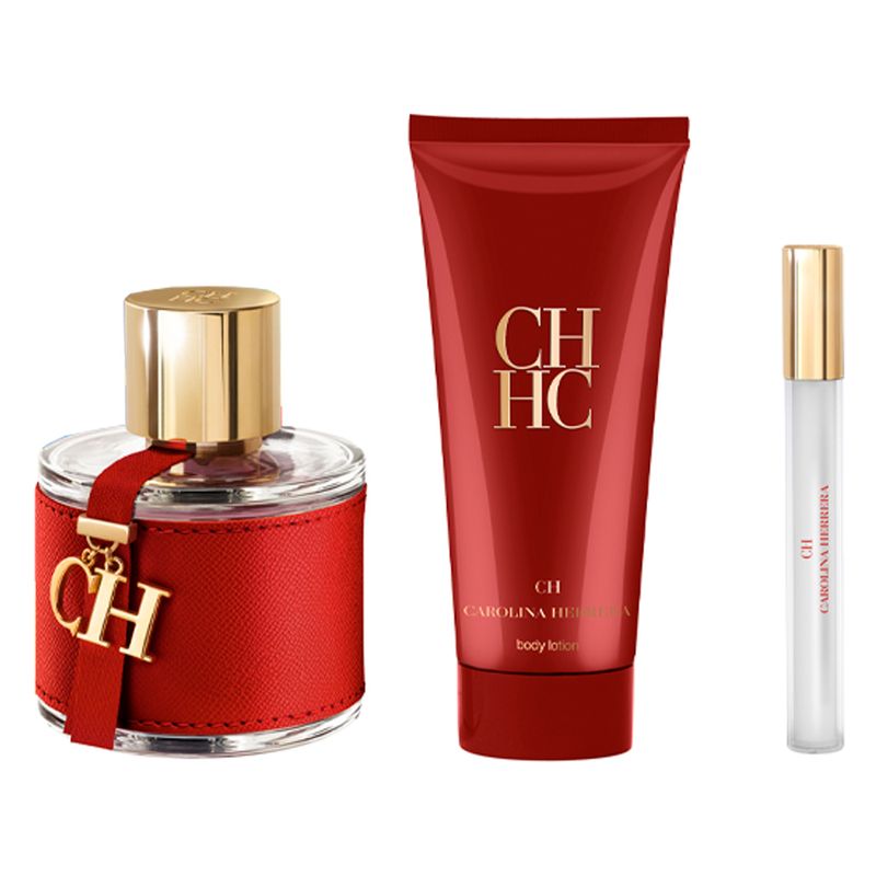 Kit-Coffret-Perfume-Carolina-Herrera-CH-Feminino-Eau-de-Toilette-100-ml---Creme-Corporal-100-ml---Miniatura-10-ml