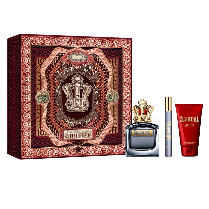 Kit-Coffret-Perfume-Jean-Paul-Gaultier-Scandal-Masculino-Eau-de-Toilette-100-ml---Gel-de-Banho-75-ml---Miniatura-10-ml