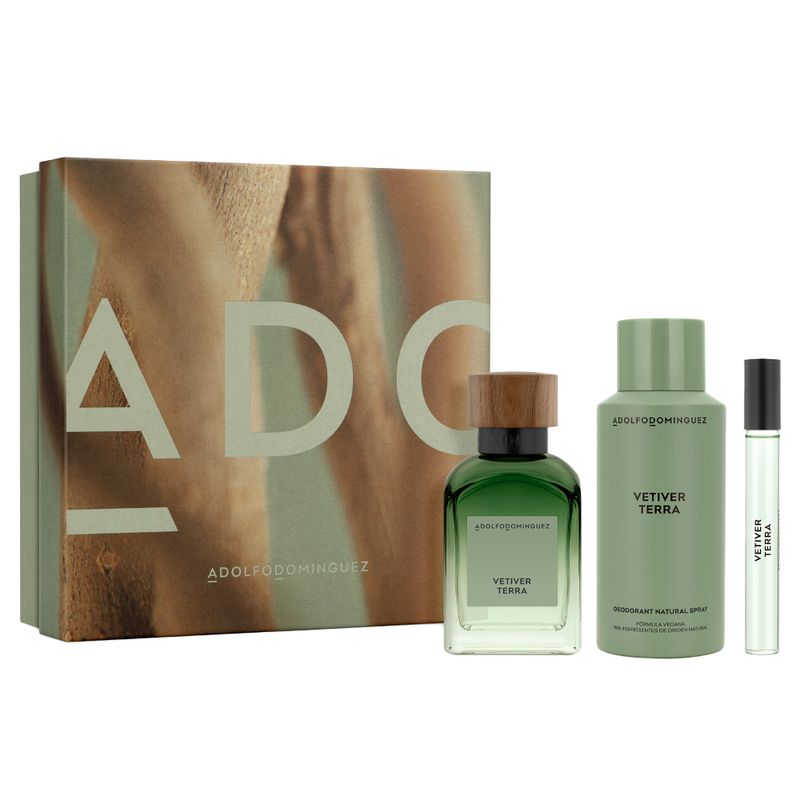 Kit-Adolfo-Dominguez-Coffret-Perfume-Vetiver-Terra-Eau-de-Parfum-Masculino-120-ml---Desodorante-150-ml---Miniatura-10-ml