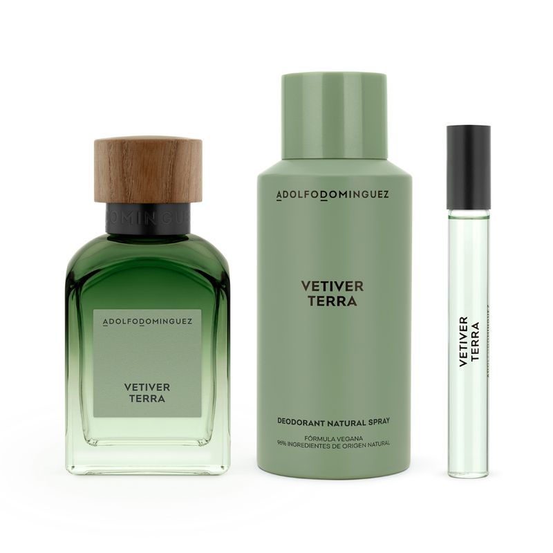 Kit-Adolfo-Dominguez-Coffret-Perfume-Vetiver-Terra-Eau-de-Parfum-Masculino-120-ml---Desodorante-150-ml---Miniatura-10-ml