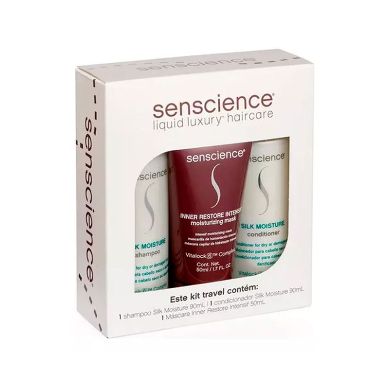 Kit-Senscience-Travel-Size---Mascara-Inner-Restore-Intensif---Shampoo-Silk-Moisture-90-ml---Condicionador-Silk-Moisture-90-ml