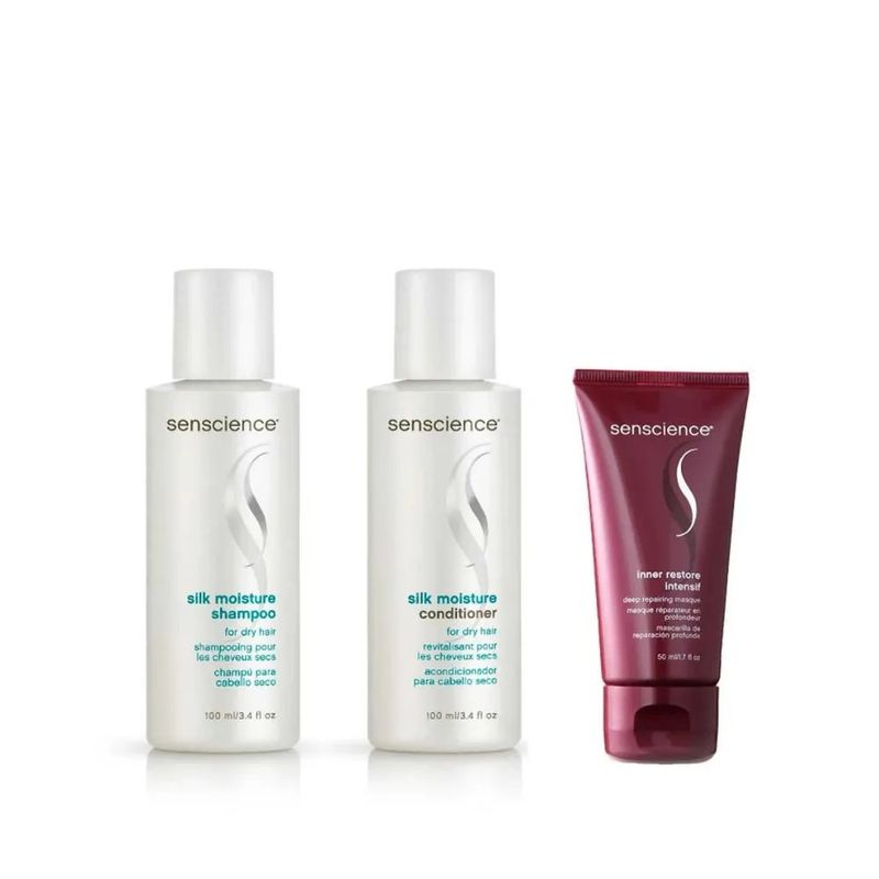 Kit-Senscience-Travel-Size---Mascara-Inner-Restore-Intensif---Shampoo-Silk-Moisture-90-ml---Condicionador-Silk-Moisture-90-ml