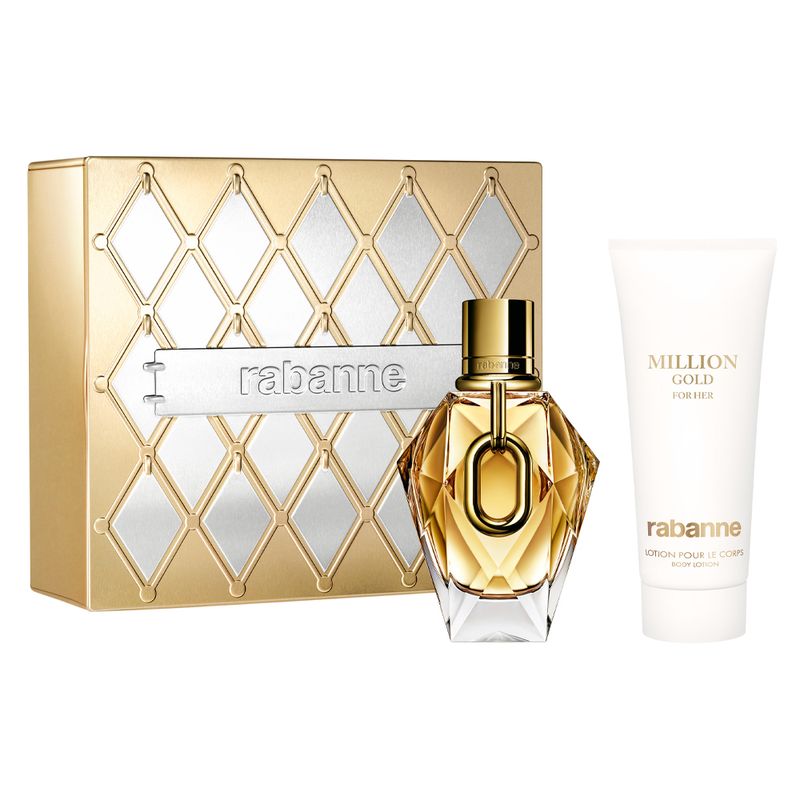Kit-Coffret-Rabanne-Kit-Million-Gold-For-Her-Feminino-Eau-de-Parfum-Refillable-90-ml---Lotion-Pour-Le-Corps-Creme-Corporal-100-ml