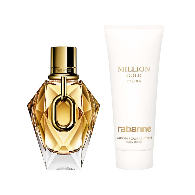 Kit-Coffret-Rabanne-Kit-Million-Gold-For-Her-Feminino-Eau-de-Parfum-Refillable-90-ml---Lotion-Pour-Le-Corps-Creme-Corporal-100-ml