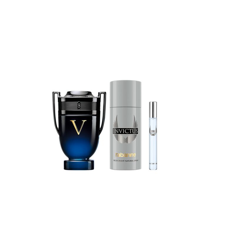 Kit-Coffret-Rabanne-Kit-Invictus-Victory-Elixir-Masculino-Parfum-Intense-100-ml---Desodorante-150-ml---Miniatura-10-ml