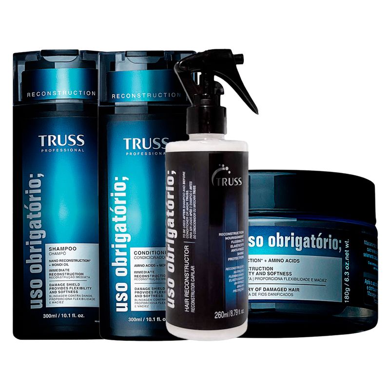 Kit-Truss-Uso-Obrigatorio---Shampoo-300-ml---Condicionador-300-ml---Mascara-Capilar-180-g---Tratamento-De-Reconstrucao-260-ml-F1
