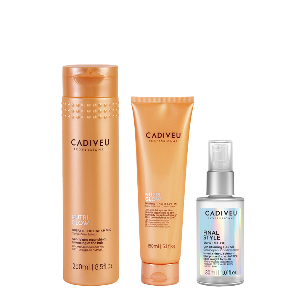 Kit Cadiveu Nutri Glow Shampoo 250ml + Óleo Capilar Final Style Multibenefícios 30ml + Lea... Kit Cadiveu Nutri Glow Shampoo 250ml + Óleo Capilar Final Style Multibenefícios 30ml + Lea...