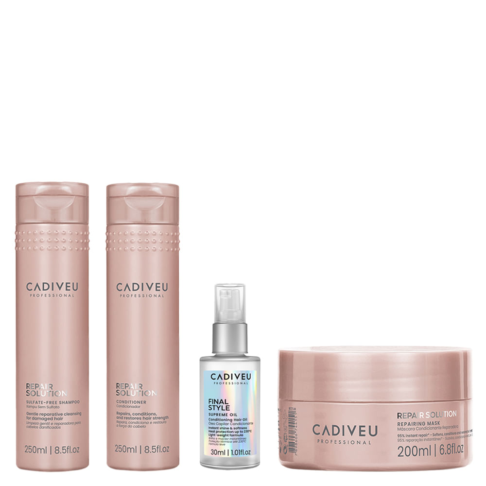 Kit Cadiveu Repair Solution Shampoo 250ml + Condicionador 250ml + Máscara 200ml + Óleo Cap... Kit Cadiveu Repair Solution Shampoo 250ml + Condicionador 250ml + Máscara 200ml + Óleo Cap...