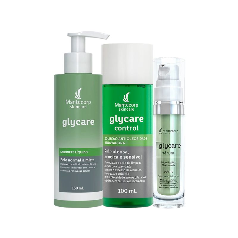Kit-Mantecorp-Glycare-Sabonete-Facial-150ml---Solucao-Antioleosidade-Facial--100ml---Serum-30ml-F1