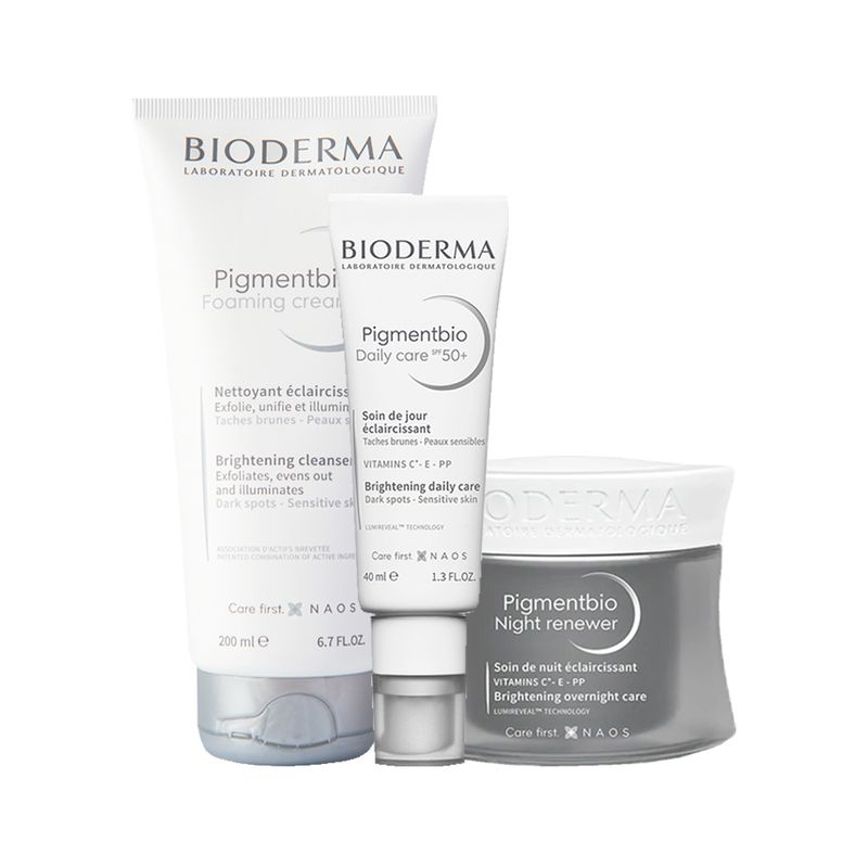 Kit-Bioderma-Pigmentbio-Foaming-Cream-Sabonete-Facial-e-Corporal--200ml---Creme-night-Renewer-50ml---Creme-Facial-Clareador-Daily-Care-FPS-50--40ml-F1