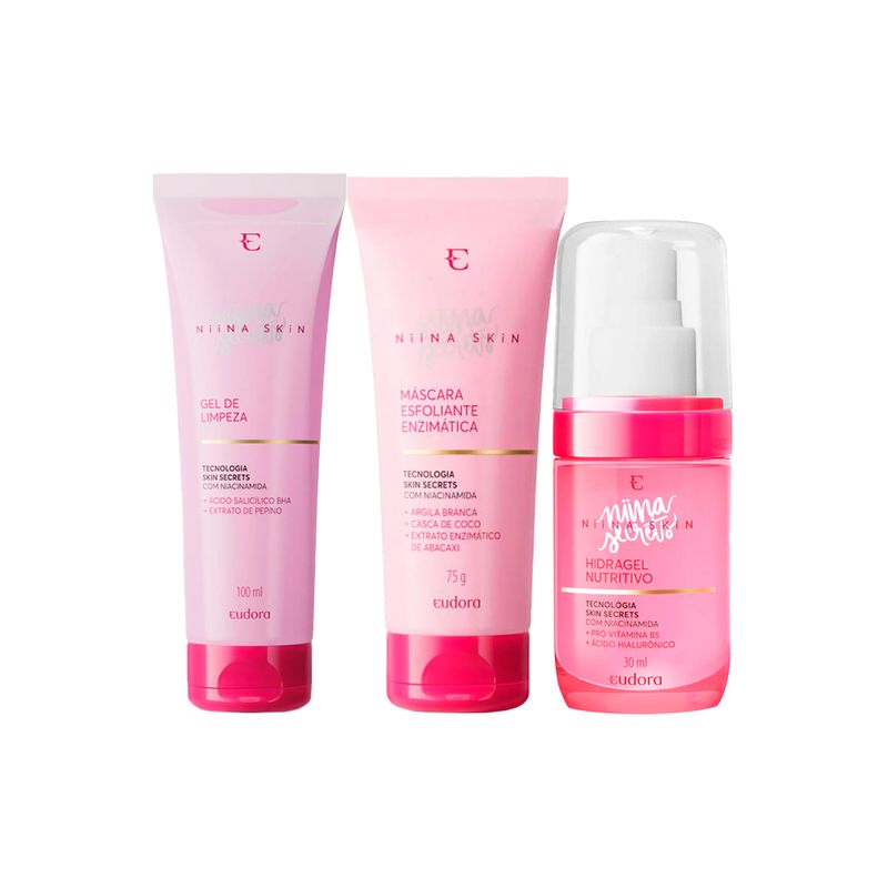 Kit-Eudora-Niina-Secrets-Skin-Gel-Limpeza-Facial-100ml---Gel-Facial-30ml---Mascara-Esfoliante-Facial-75g-F1