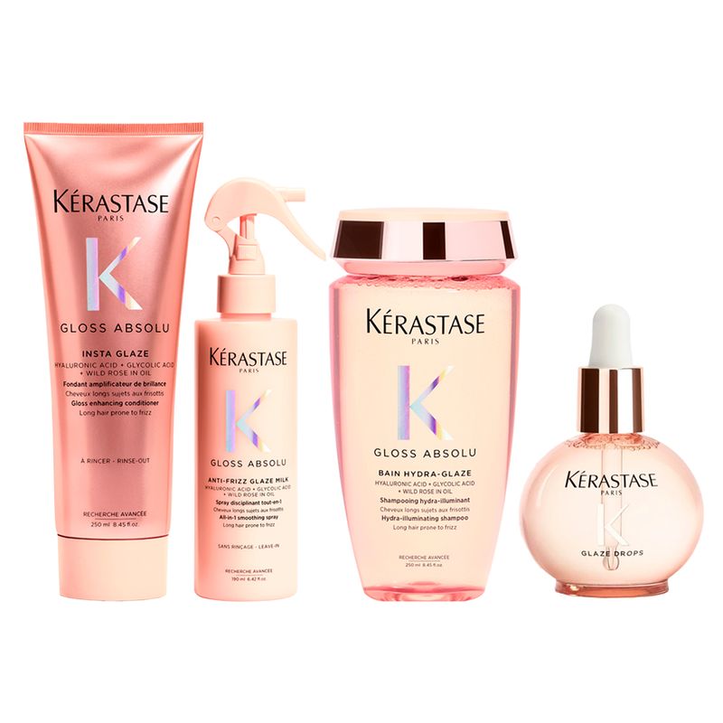 Kit-Kerastase-Gloss-Absolu-Bain-HydraGlaze-Shampoo-250ml---Condicionador-250ml---AntiFrizz-190ml---Gloss-45ml-F1