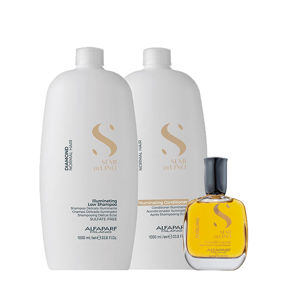 Kit Alfaparf Milano Professional Semi Di Lino Diamond - Shampoo 1000ml + Condicionador 1000ml + Óleo 50ml