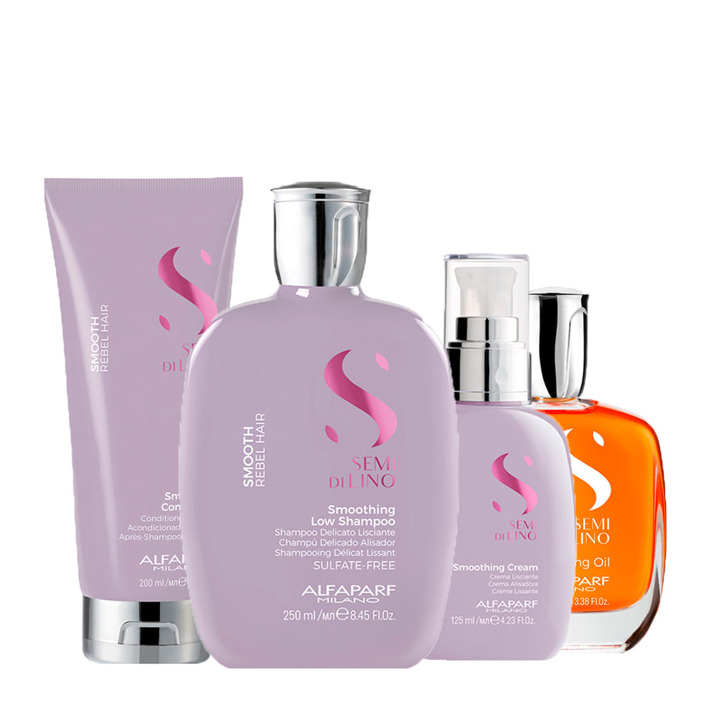 Kit Alfaparf Milano Professional Semi Di Lino Smooth Smoothing - Shampoo 250ml + Condicionador 200ml + Creme 125ml + Óleo 100ml