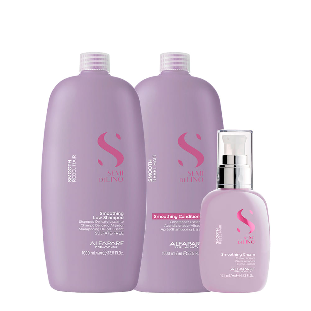 Kit Alfaparf Milano Professional Semi Di Lino Smooth Smoothing - Shampoo 1000ml + Condicionador 1000ml + Creme 125ml