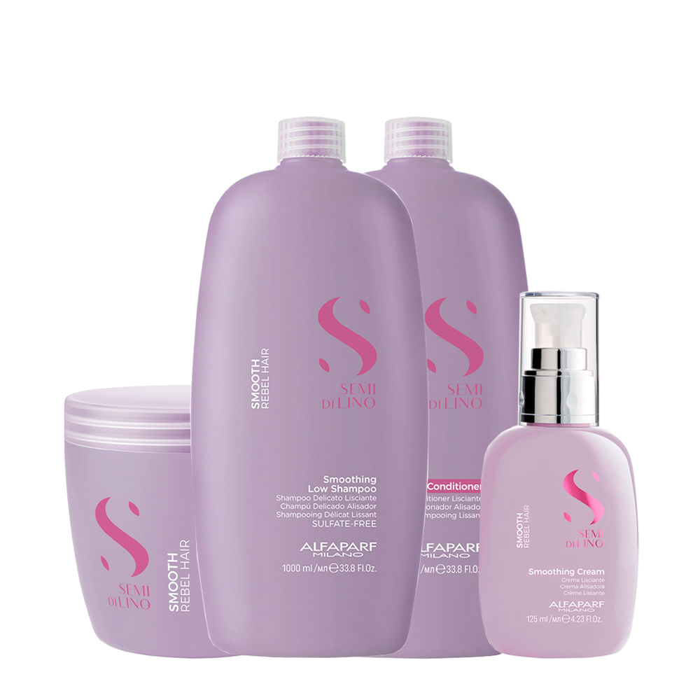 Kit Alfaparf Milano Professional Semi Di Lino Smooth Smoothing - Shampoo 1000ml + Condicionador 1000ml + Máscara 500ml + Creme 125ml