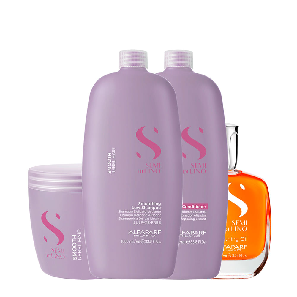 Kit Alfaparf Milano Professional Semi Di Lino Smooth Smoothing - Shampoo 1000ml + Condicionador 1000ml + Máscara 500ml + Óleo 100ml