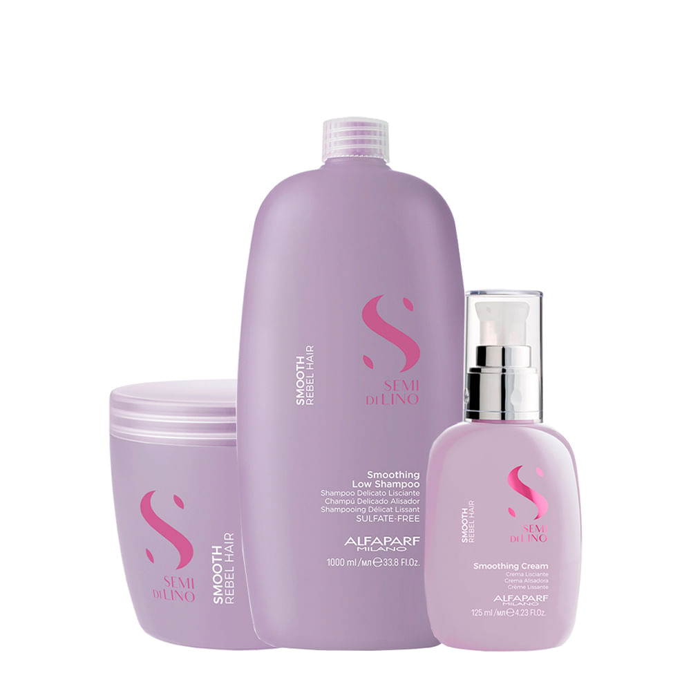 Kit Alfaparf Milano Professional Semi Di Lino Smooth Smoothing - Shampoo 1000ml + Máscara 500ml + Creme 125ml
