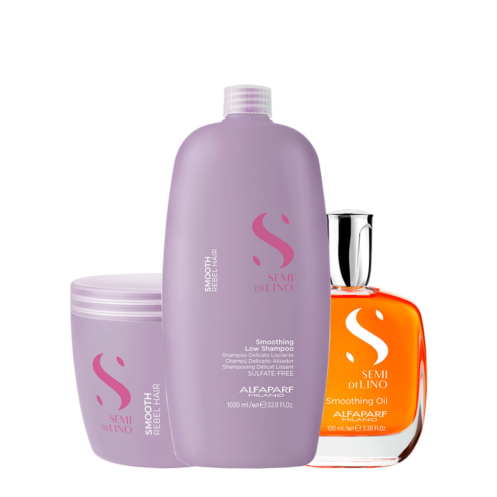 Kit Alfaparf Milano Professional Semi Di Lino Smooth Smoothing - Shampoo 1000ml + Máscara 500ml + Óleo 100ml