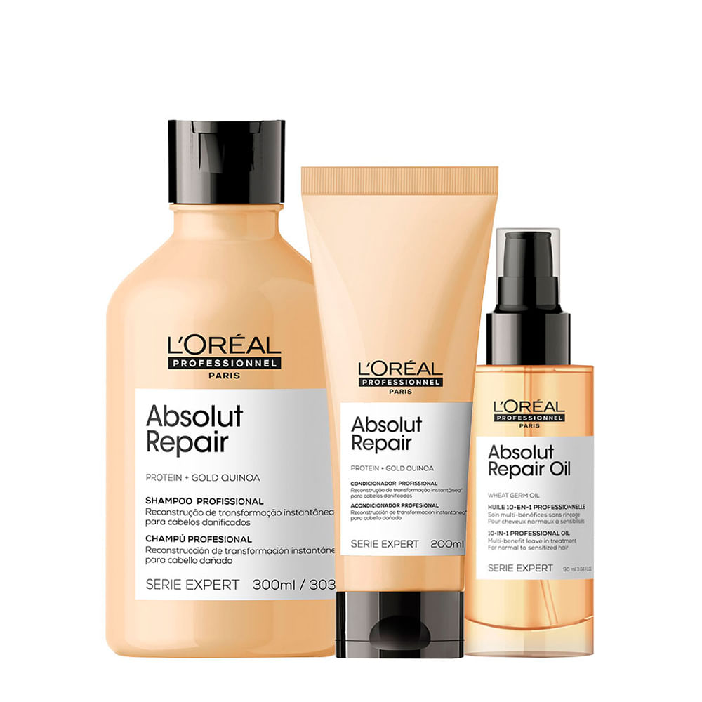 Kit LOréal Professionnel Serie Expert Absolut Repair Gold Quinoa - Shampoo 300ml + Condicionador 200ml + Óleo 90ml
