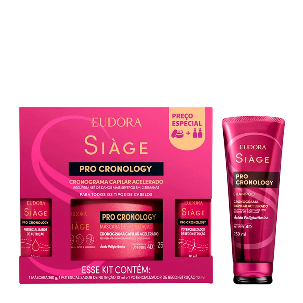 Kit Eudora Siàge Pro Cronology Cronograma Capilar Acelerado - 3 Produtos + Shampoo 250ml